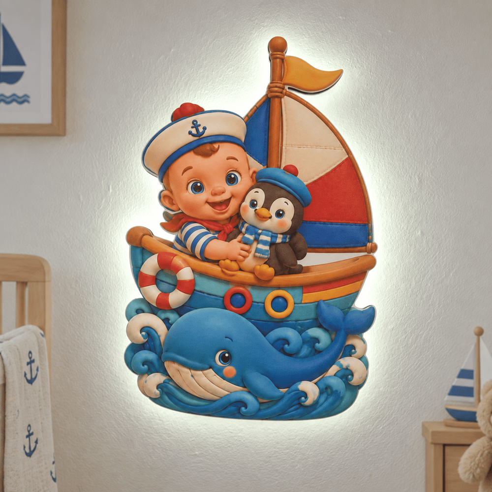 Yelkenli Denizci Bebek ve Penguen 5V Pilli Işıklı Duvar Dekoru