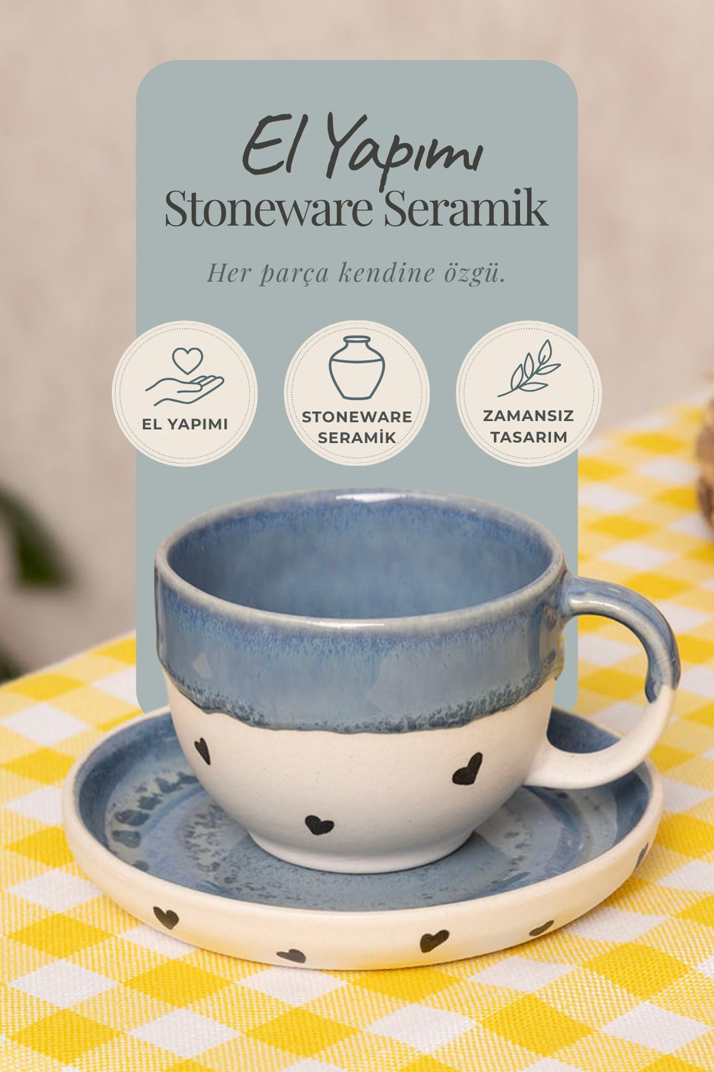 Amor Altlıklı Premium Stoneware Seramik Fincan – El Yapımı Türk Kahvesi ve Espresso Fincanı