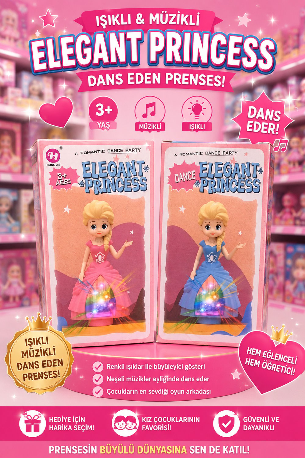 Elegant Princess Işıklı Müzikli Dans Eden Prenses Oyuncak Bebek – Pilli Hareketli 2 Renk Seçeneği (Pembe & Mavi) 3+ Yaş