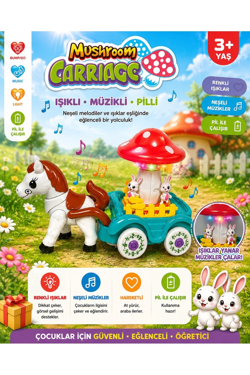 Işıklı Müzikli At Arabası Oyuncak – Pilli Hareketli Tavşanlı Araba 2 Renk Seçeneği (Turkuaz & Yeşil) 3+ Yaş