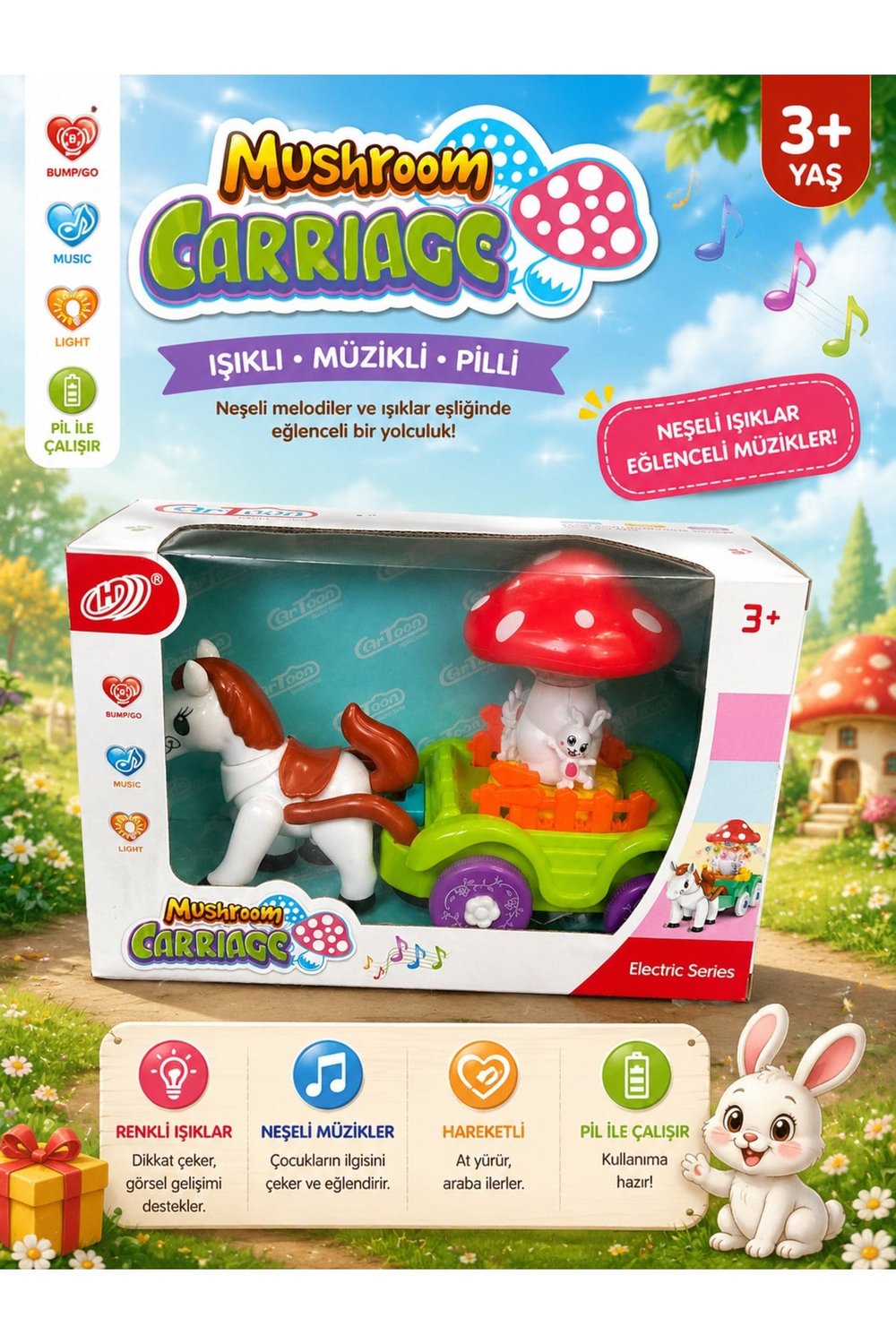 Işıklı Müzikli At Arabası Oyuncak – Pilli Hareketli Tavşanlı Araba 2 Renk Seçeneği (Turkuaz & Yeşil) 3+ Yaş