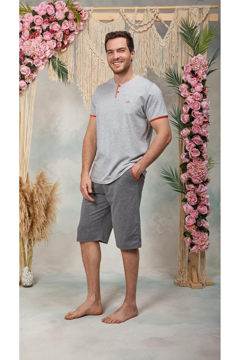 Erkek Gri Düğme Yaka Şort T-Shirt Pijama Takımı 25Y4567