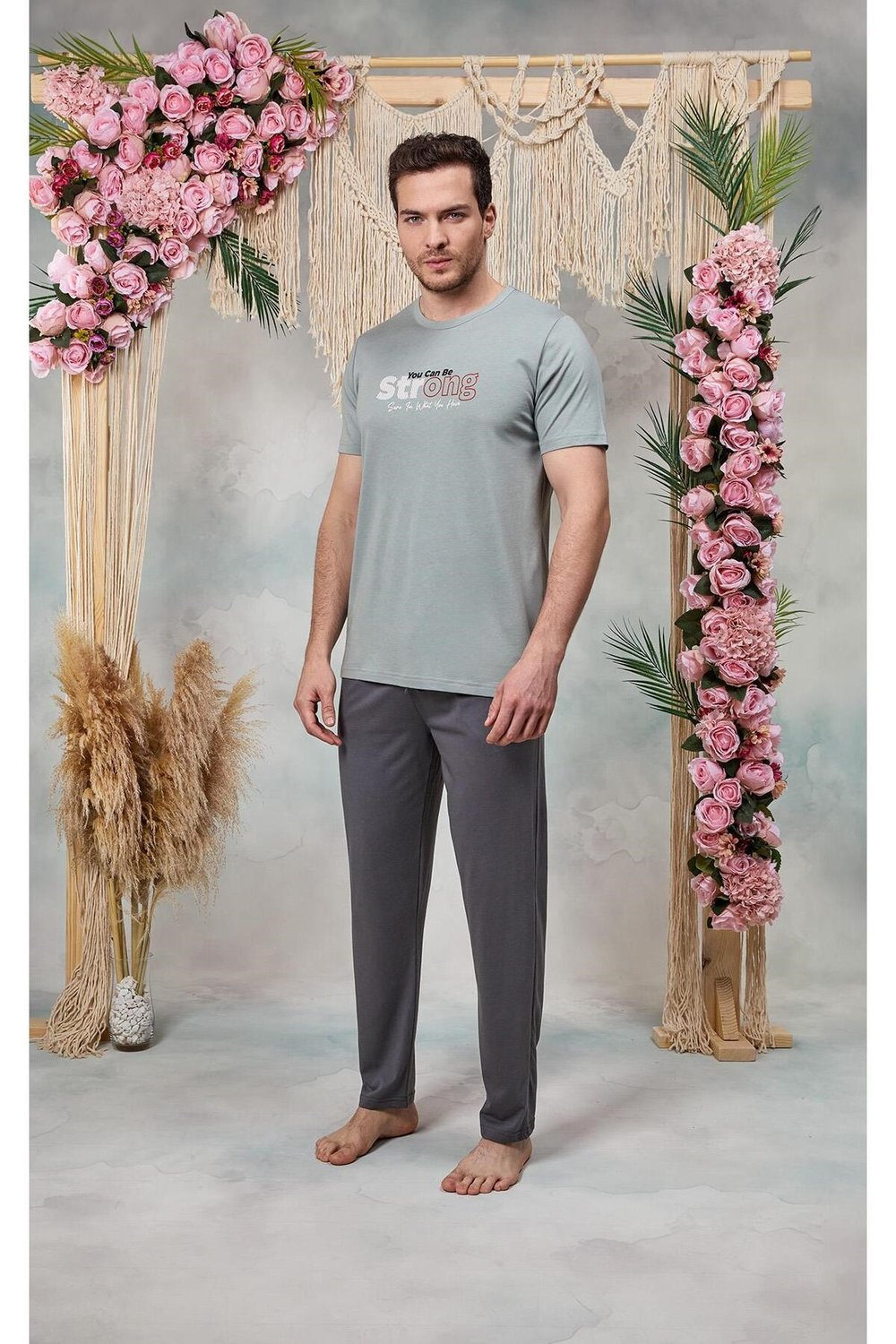 Erkek Gri Yazı Baskılı T-Shirt Pijama Takımı 25Y4574