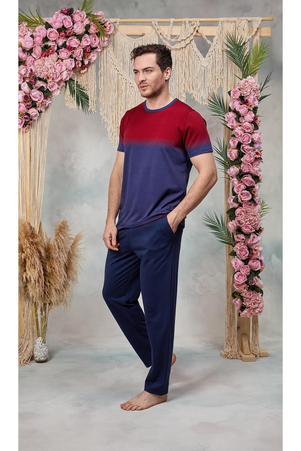 Erkek Lacivert Kırmızı Baskılı Bisiklet Yaka T-Shirt Pijama Takımı 25Y4560