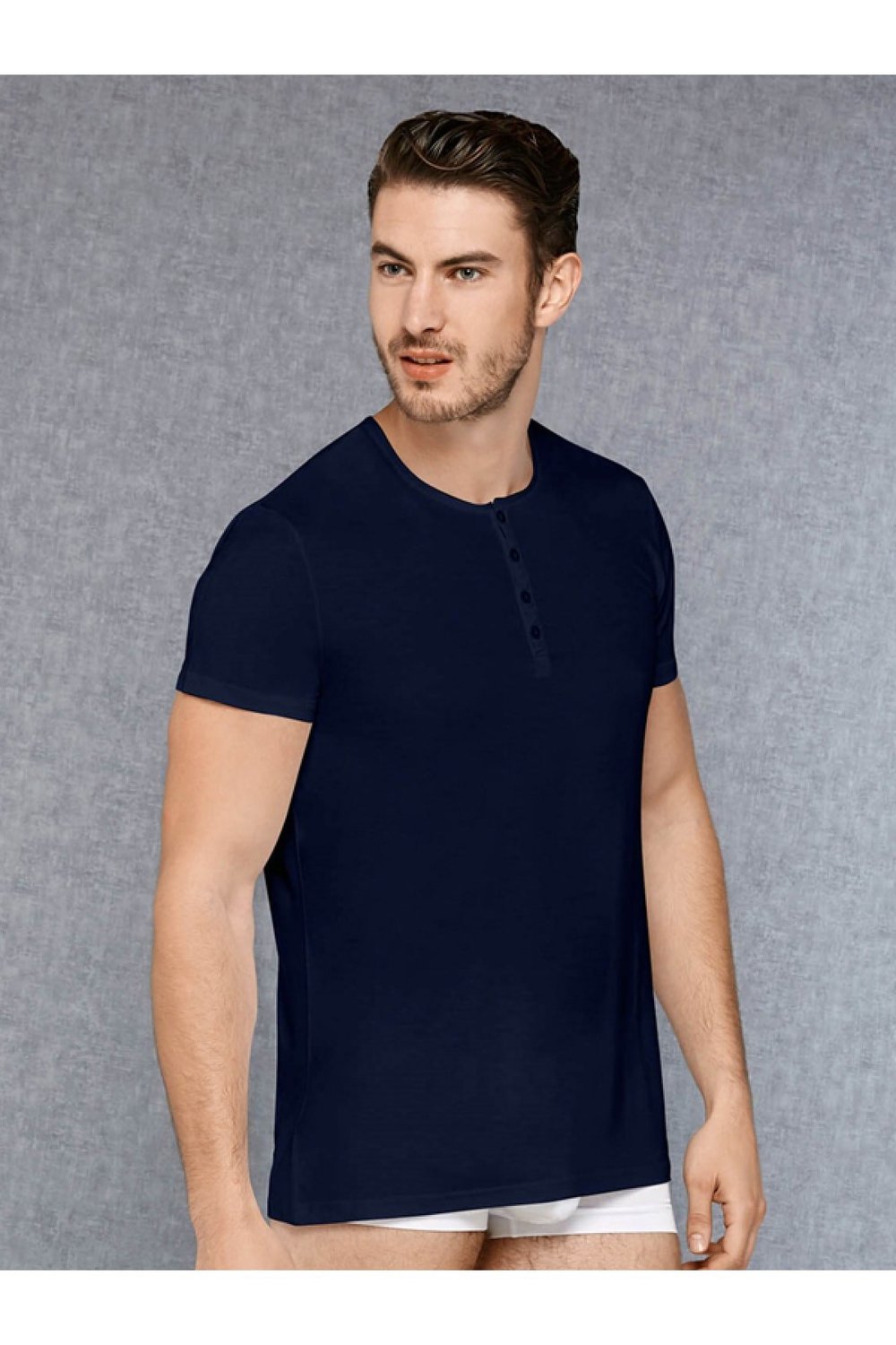 Erkek Micromodal Düğmeli Lacivert Yuvarlak Yaka Kısa Kol T Shirt