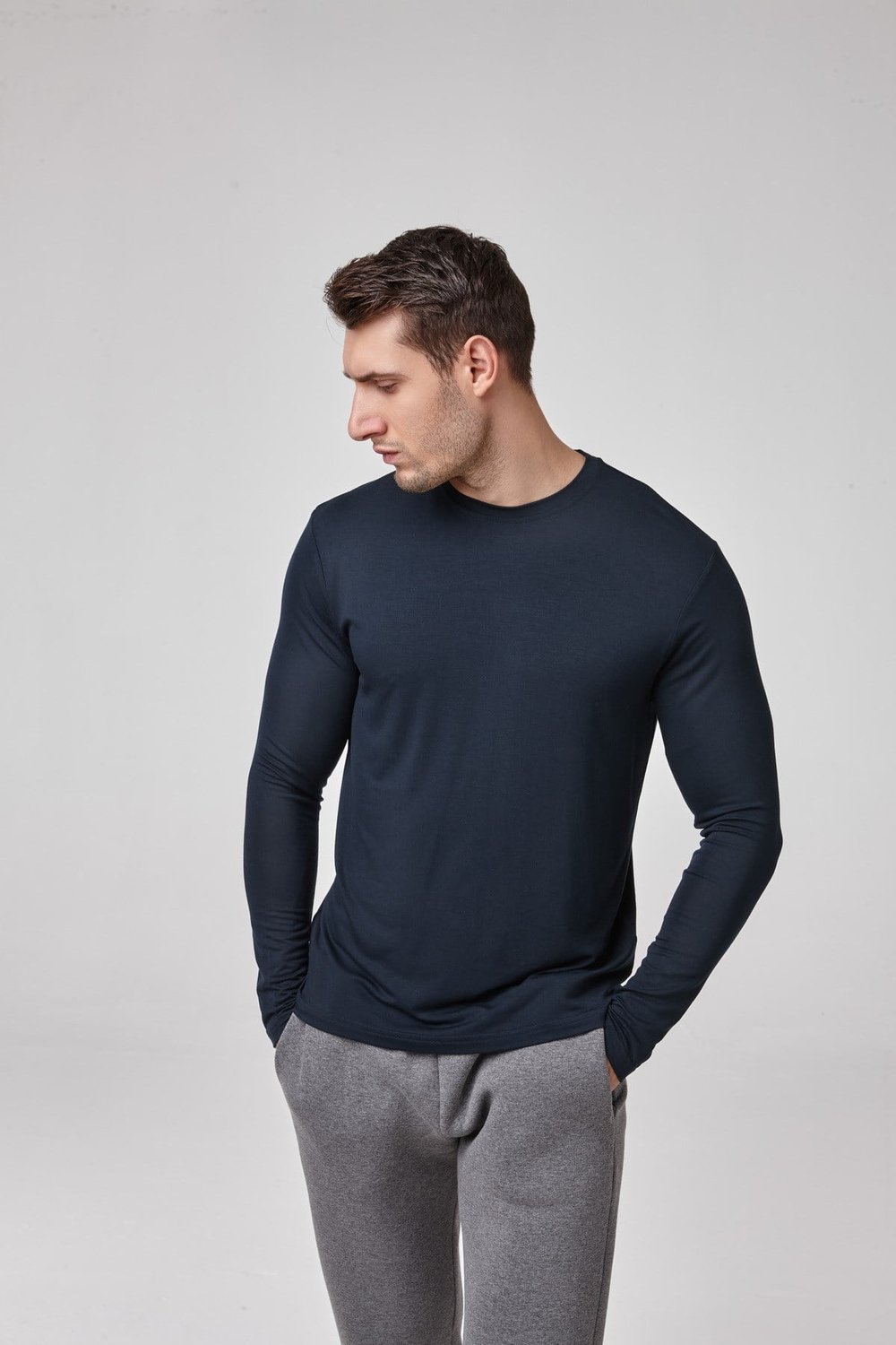 Erkek Uzun Kollu Lacivert Modal T-Shirt – Sıfır Yaka, Esnek, Rahat Kalıp, Basic Model C0T2N61