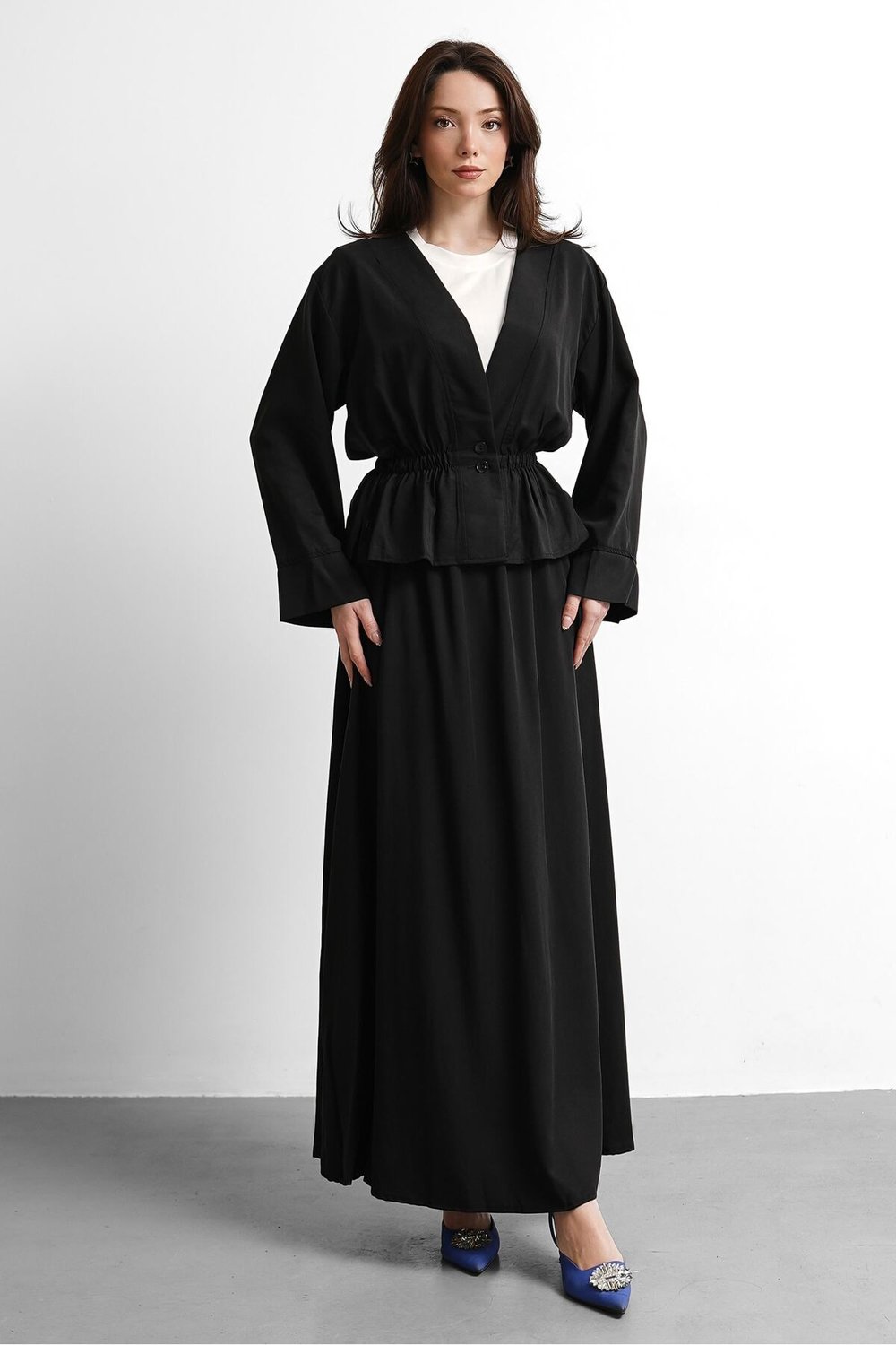 Kadın Crop Kimono V Yaka Bluz Etekli Tesettür Takım