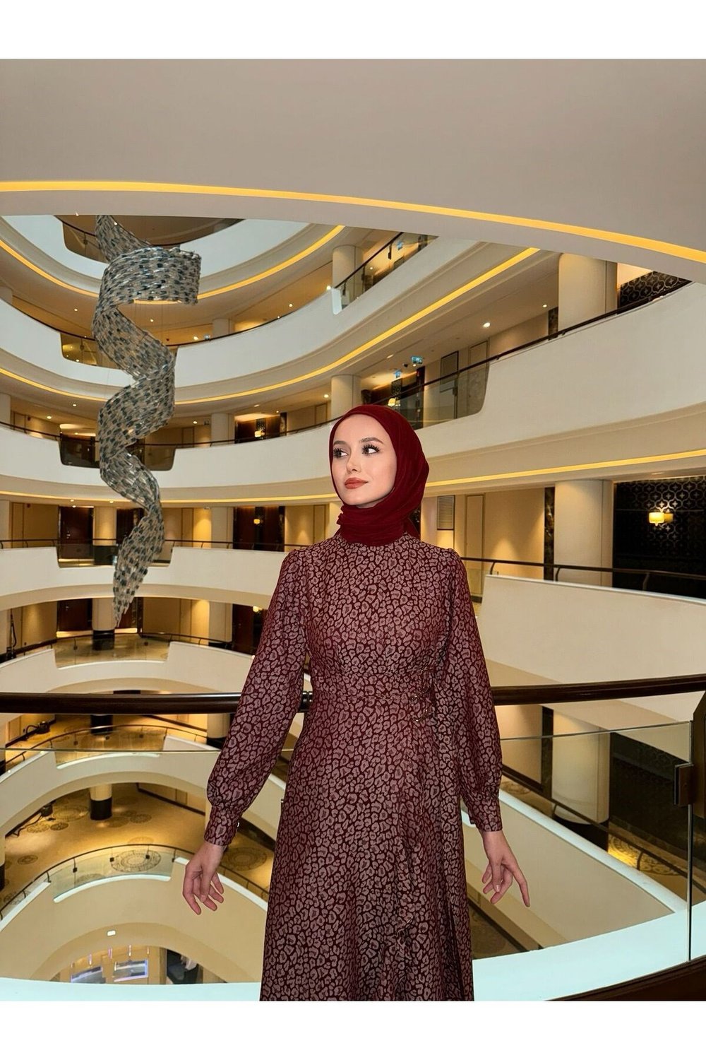Kadın Leopar Desenli Toka Kuşaklı Uzun Bordo Elbise
