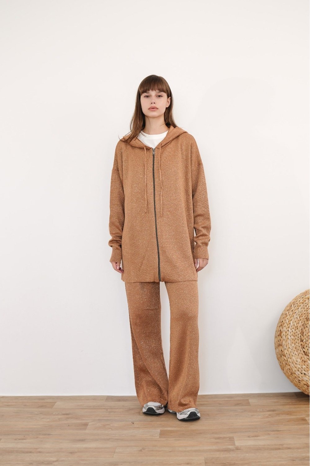 Kadın Simli Merserize Triko Pantolonlu Camel Hırka Takım