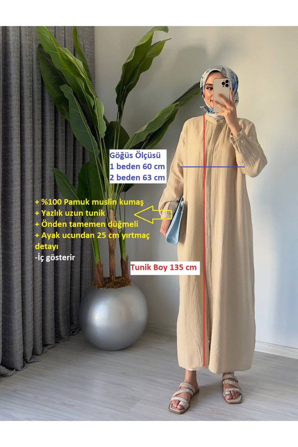Kadın Uzun Yazlık Pamuk Muslin İnce Tunik Pardesü