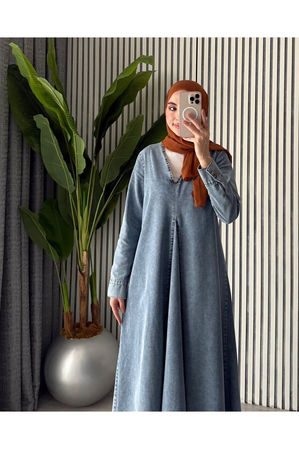 Kadın V Yaka Pile Detaylı Oversize Kot Tesettür Elbise