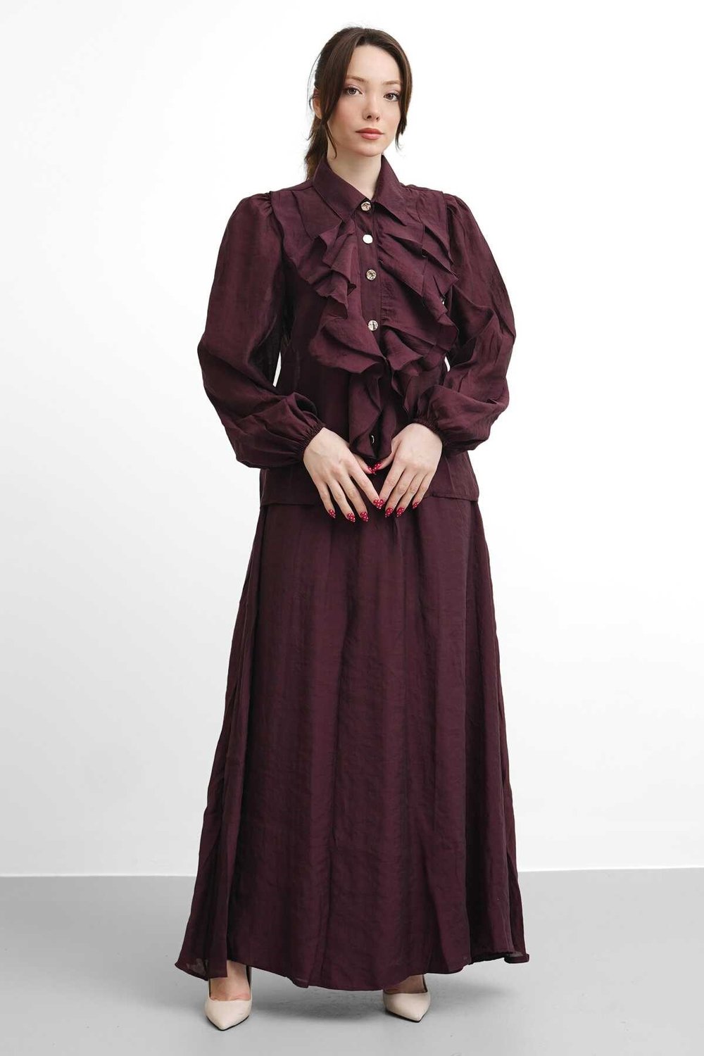 Molly Nelly Kadın Önü Fırfırlı Gömlek Vual Etek Takım