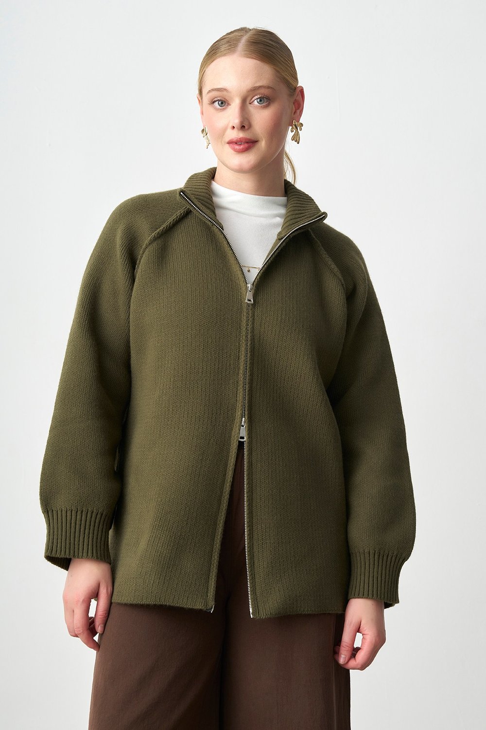 Molly Nelly Kadın Oversize Triko Çift Fermuarlı Hırka