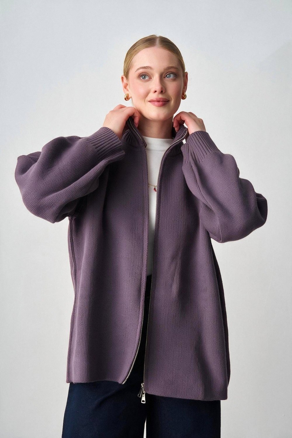 Molly Nelly Kadın Oversize Triko Çift Fermuarlı Hırka