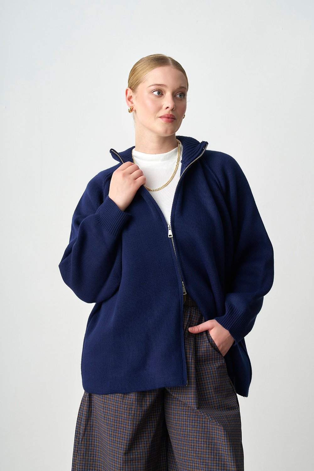Molly Nelly Kadın Oversize Triko Çift Fermuarlı Hırka