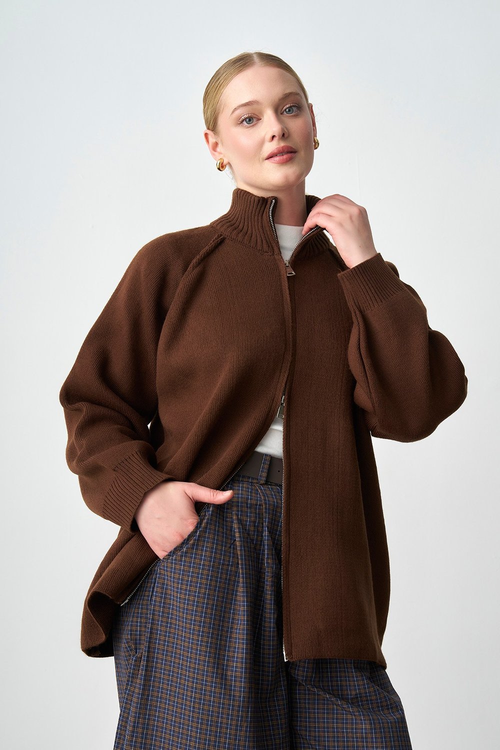 Molly Nelly Kadın Oversize Triko Çift Fermuarlı Hırka