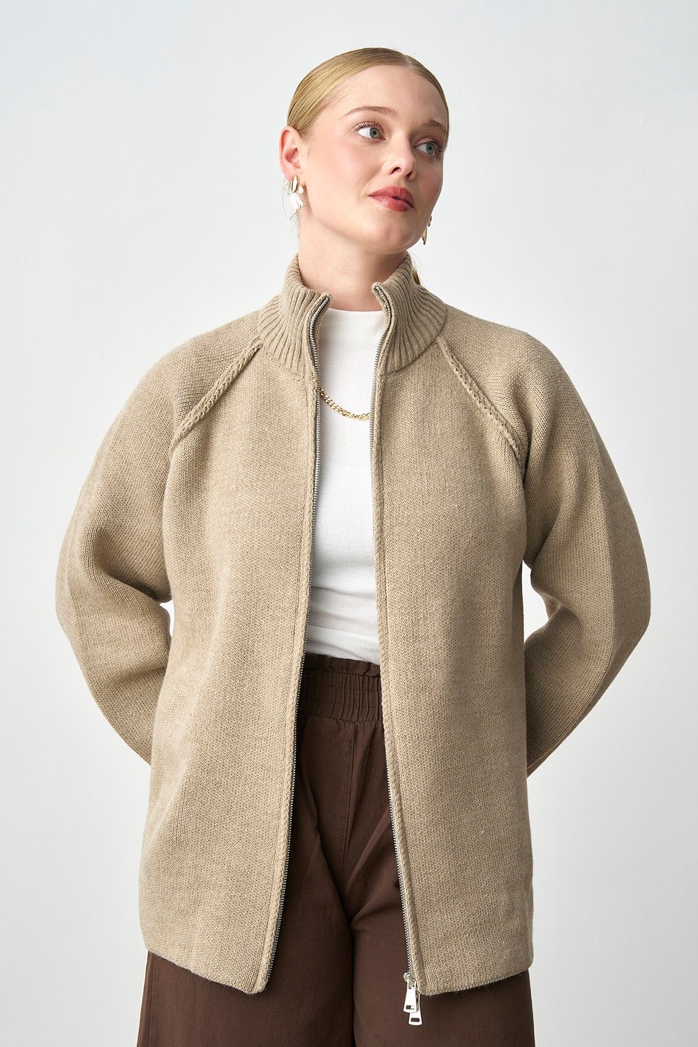Molly Nelly Kadın Oversize Triko Çift Fermuarlı Hırka