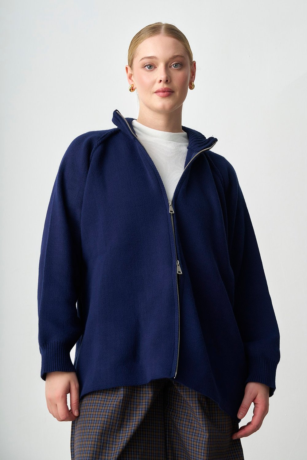 Molly Nelly Kadın Oversize Triko Çift Fermuarlı Hırka
