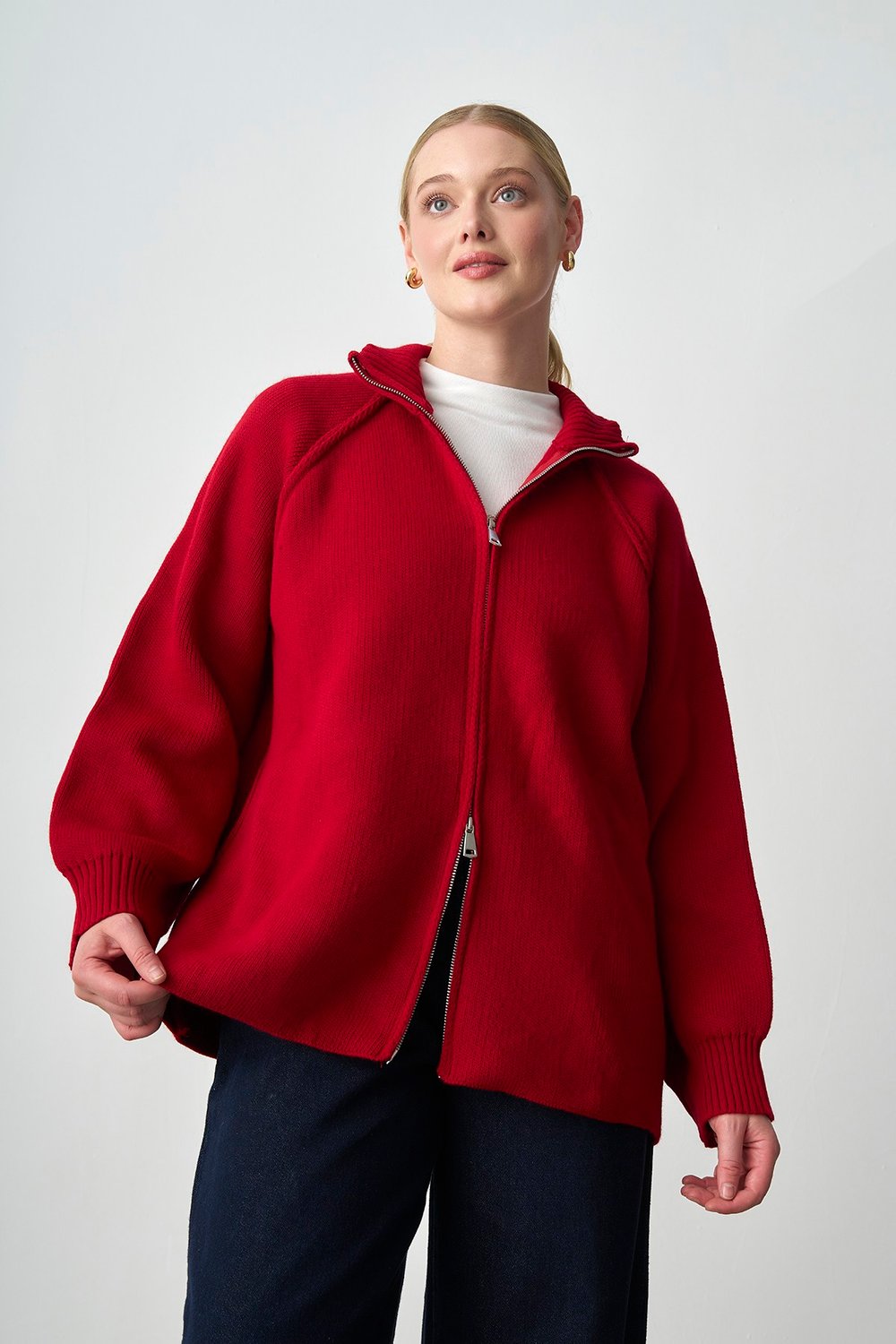 Molly Nelly Kadın Oversize Triko Çift Fermuarlı Hırka