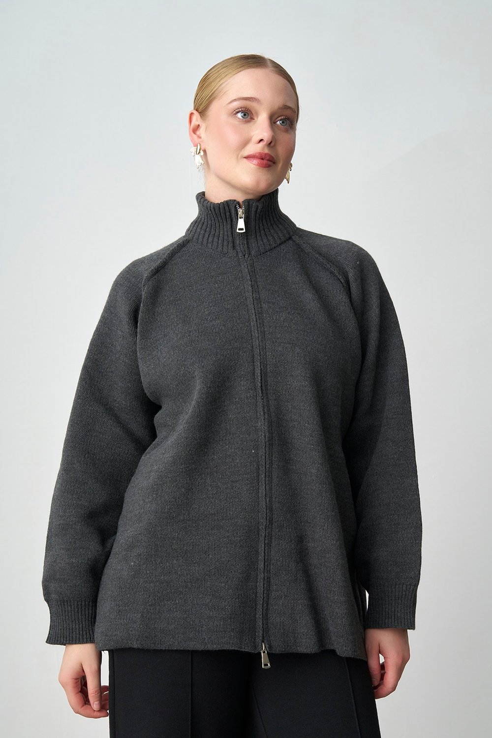 Molly Nelly Kadın Oversize Triko Çift Fermuarlı Hırka