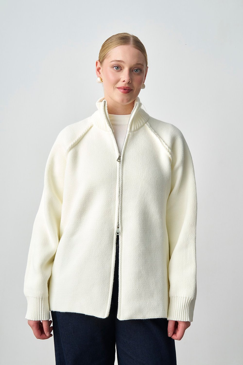 Molly Nelly Kadın Oversize Triko Çift Fermuarlı Hırka