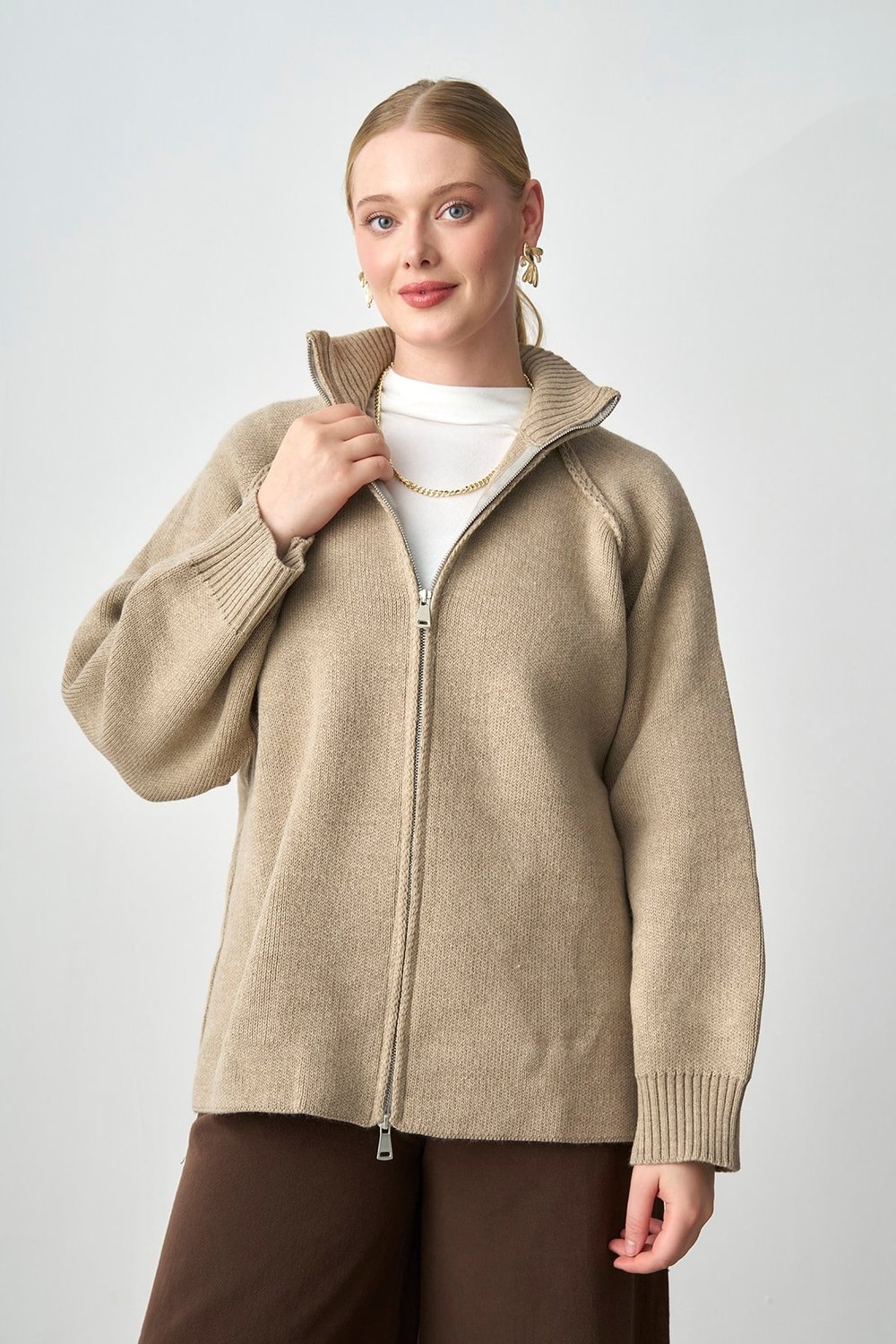 Molly Nelly Kadın Oversize Triko Çift Fermuarlı Hırka