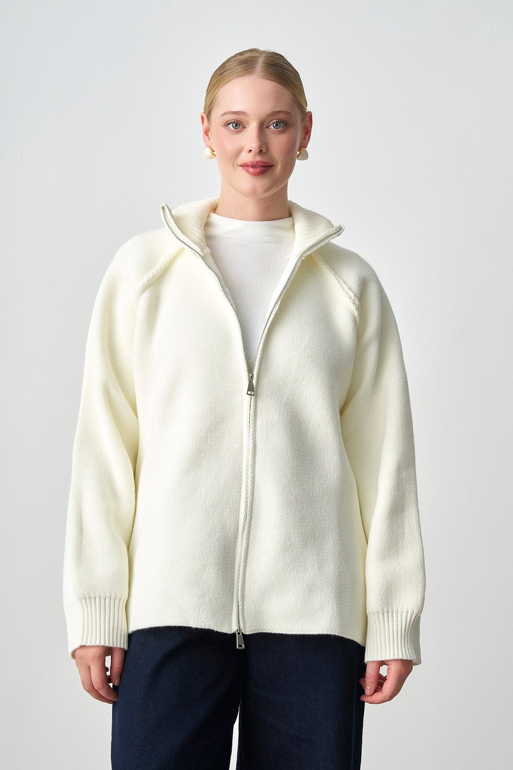 Molly Nelly Kadın Oversize Triko Çift Fermuarlı Hırka