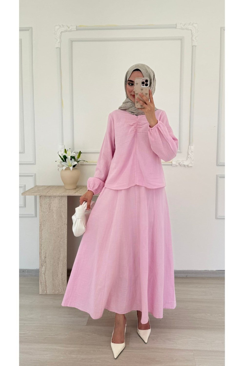 Molly Nelly Kadın Yaka Büzgülü Etekli Muslin Takım