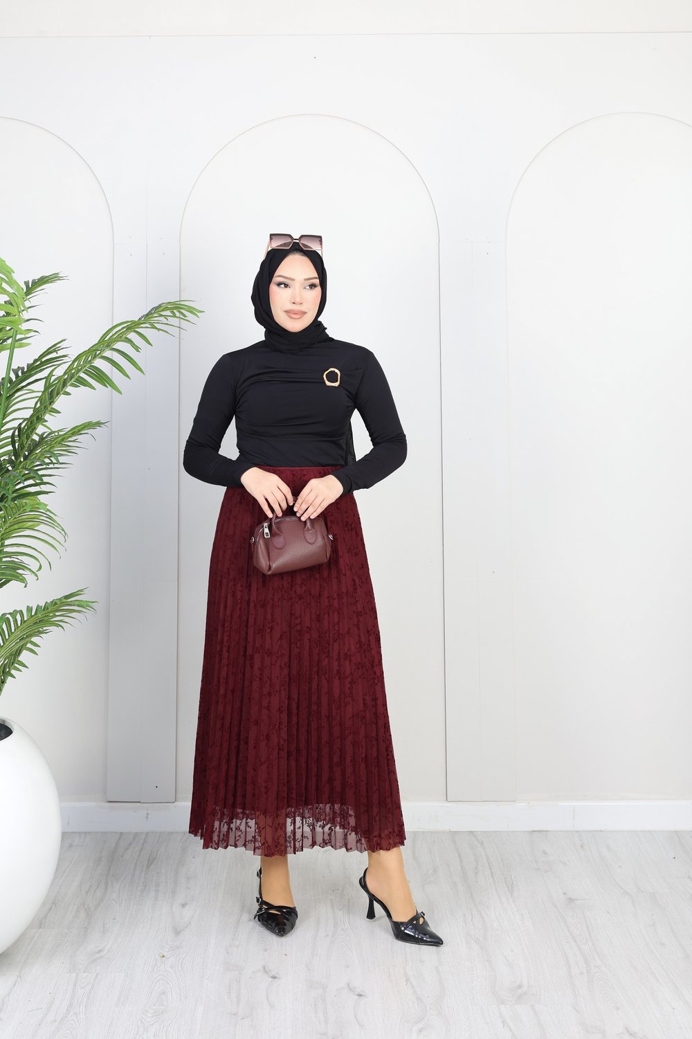 Çiçekli Flok Tül Astarlı Etek | Bordo
