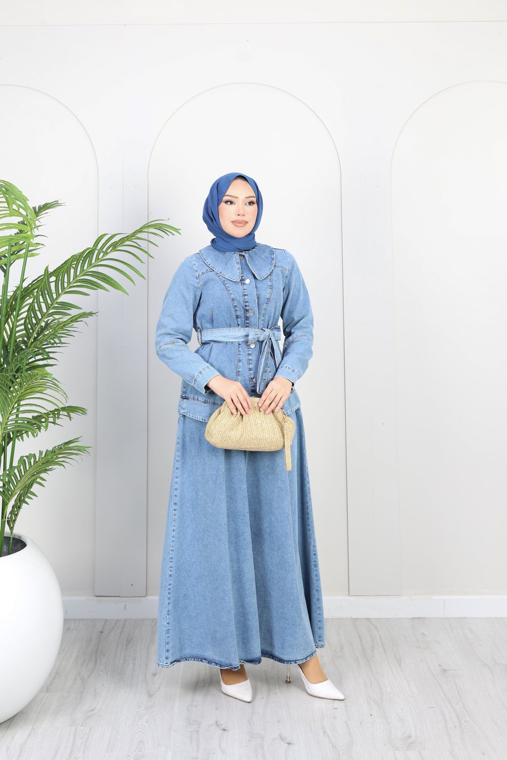 Kadın Düğme Detaylı Kuşaklı Denim Takım | Çok Renkli
