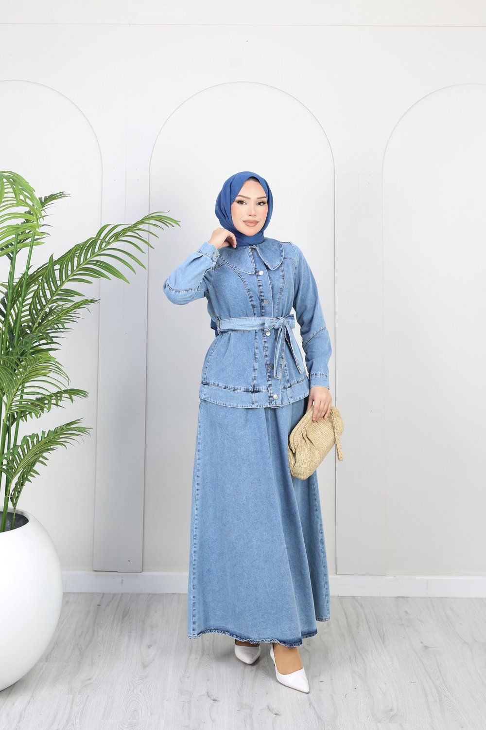 Kadın Düğme Detaylı Kuşaklı Denim Takım | Çok Renkli