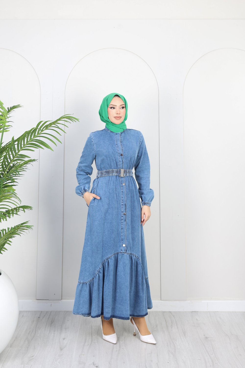 Kadın Kemer Detaylı Denim Kot Elbise | Çok Renkli