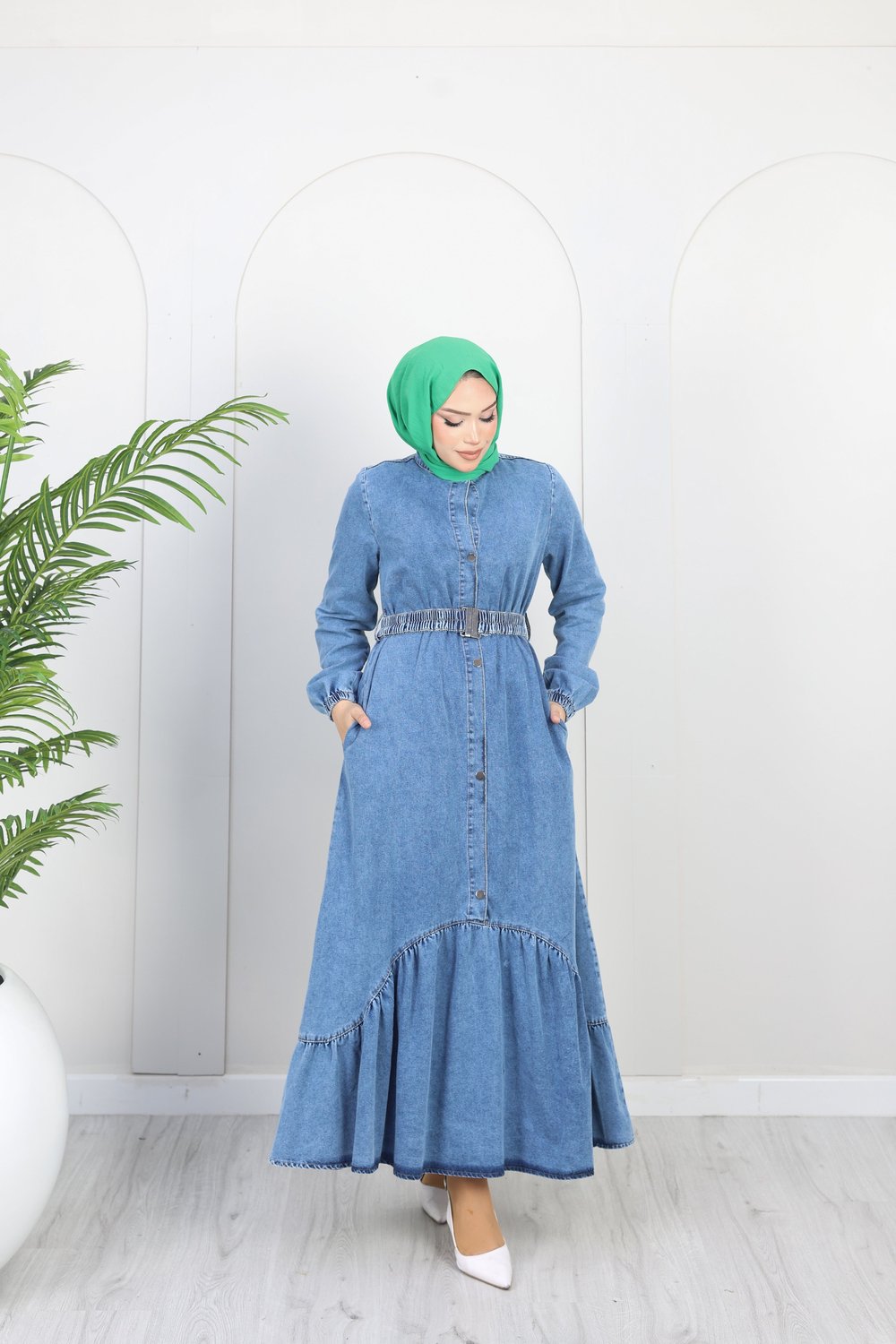 Kadın Kemer Detaylı Denim Kot Elbise | Çok Renkli