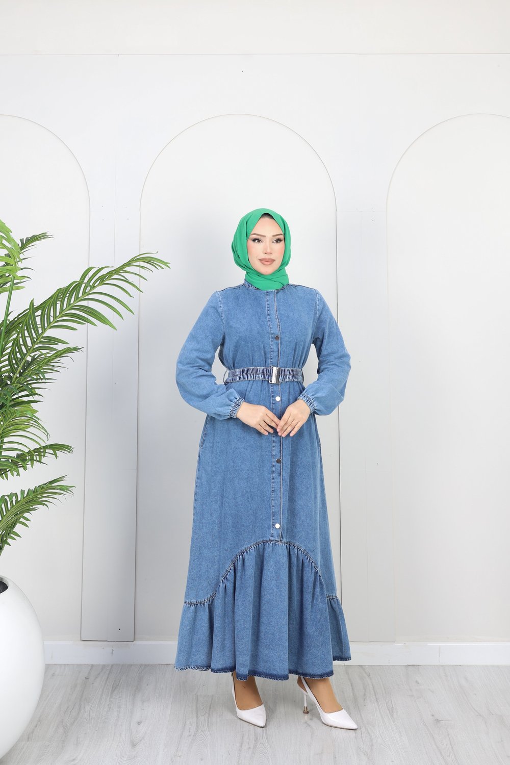 Kadın Kemer Detaylı Denim Kot Elbise | Çok Renkli