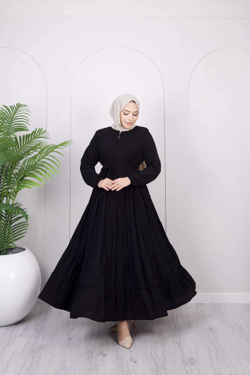 Katlı Kuşaklı Ferace | Siyah