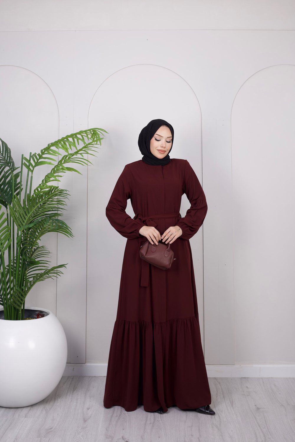Kuşak Detay Volanlı Ferace | Bordo