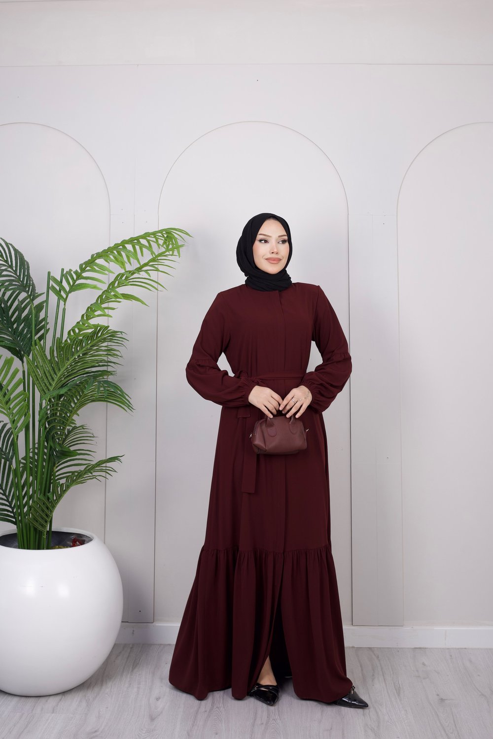Kuşak Detay Volanlı Ferace | Bordo