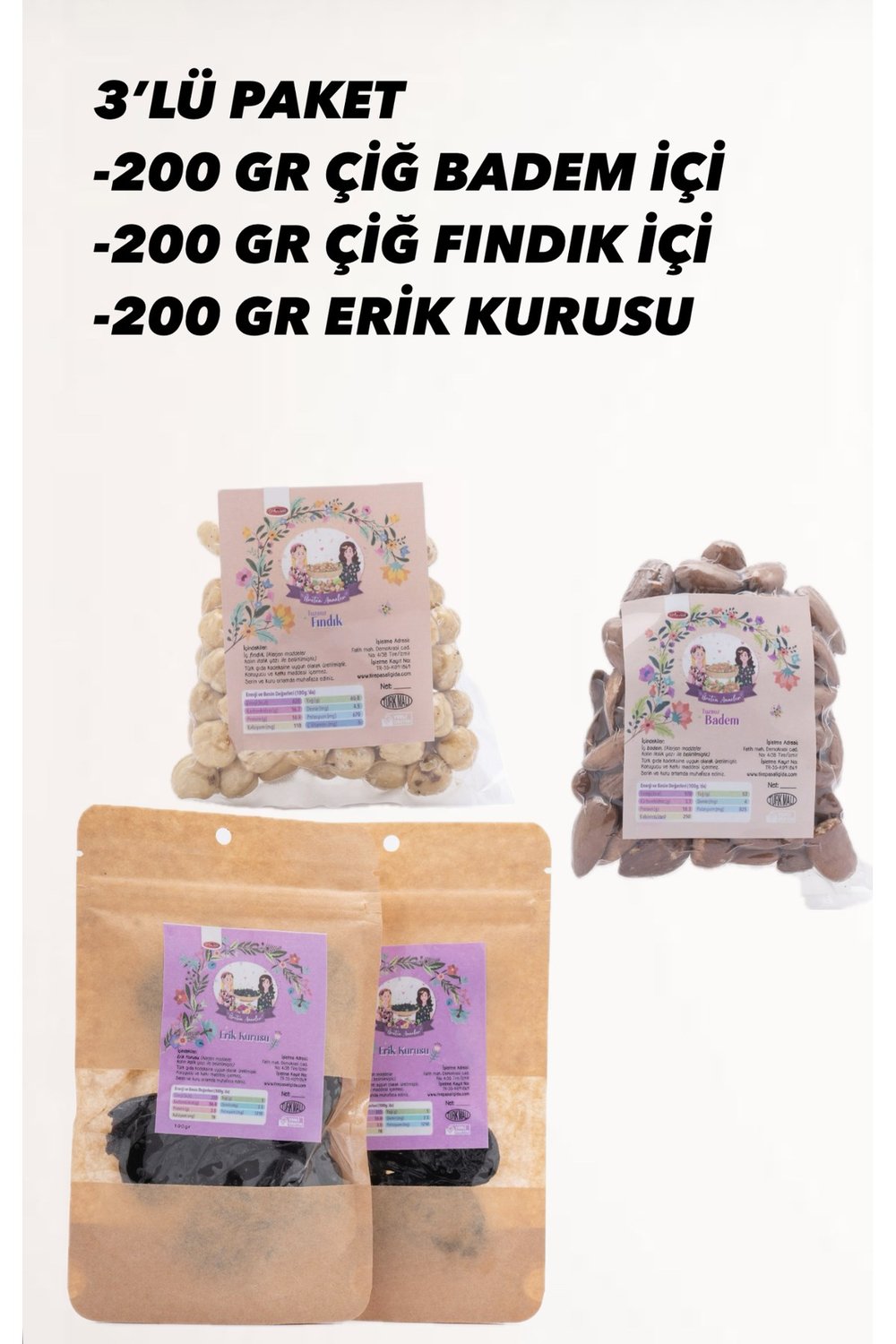 3’LÜ PAKET 200’ER GRAM(ÇİĞ FINDIK-BADEM-ERİK KURUSU) (AFLATOKSİN-AĞIR METAL ANALİZLİ)