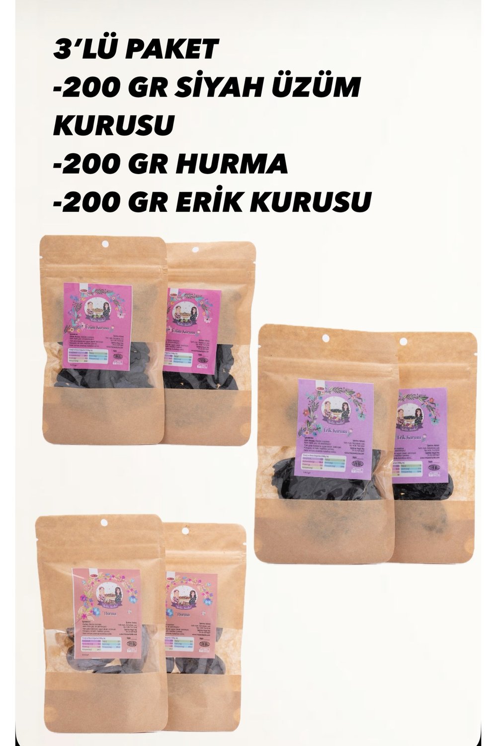 3’LÜ PAKET 200’ER GRAM(ERİK KURUSU-SİYAH ÜZÜM KURUSU- HURMA)
