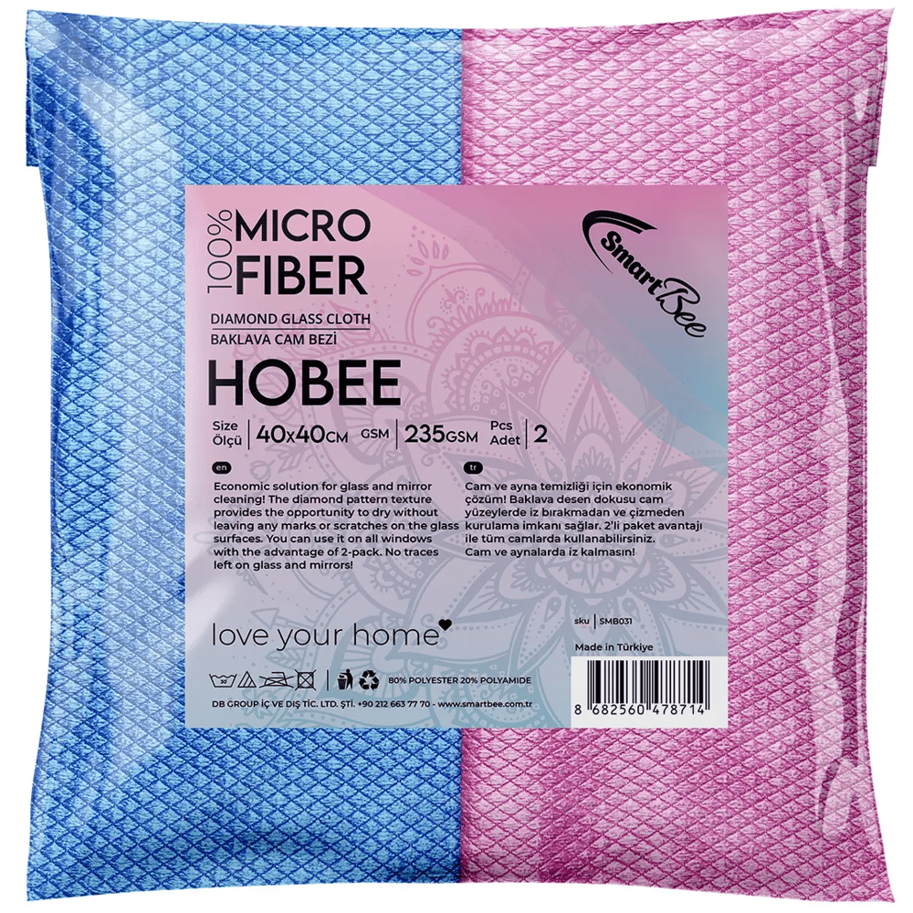 Hobee 2'li Mikrofiber Cam Silme Bezi 40x40cm 235gsm - Pembe/Mavi 5'li
