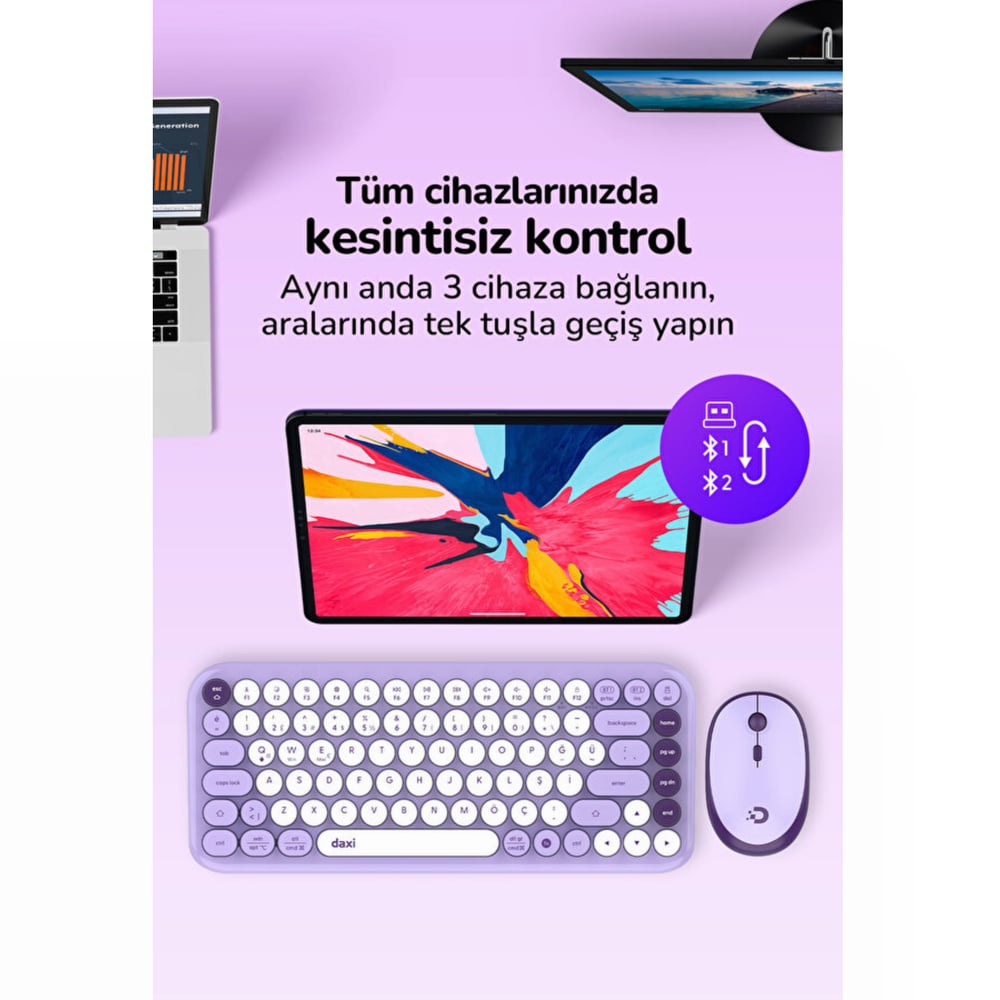 Daxi MK-340 Bluetooth Kablosuz Klavye Mouse Set Lavanta Retro
