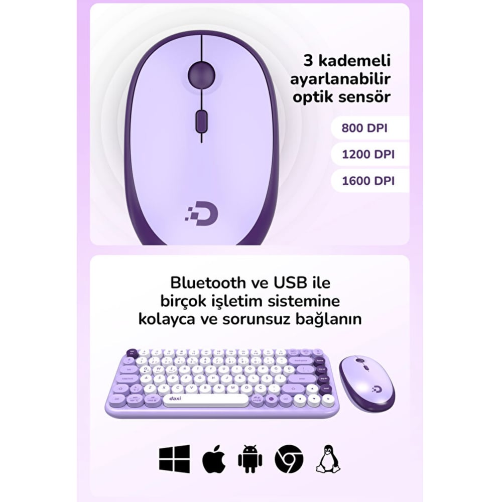 Daxi MK-340 Bluetooth Kablosuz Klavye Mouse Set Lavanta Retro