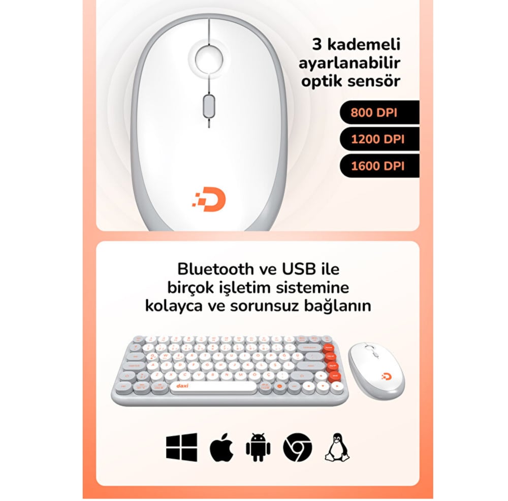Daxi MK-340 Kablosuz Bluetooth Klavye Orange-Grey Retro