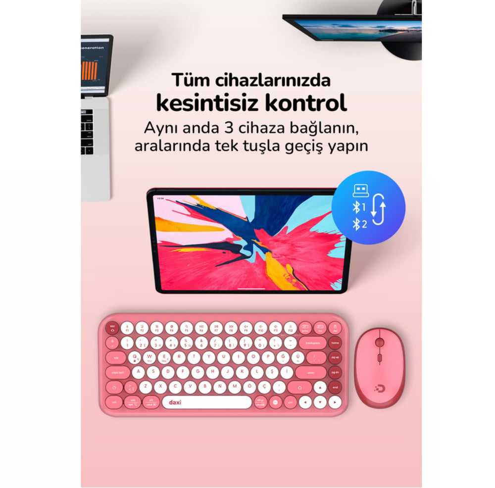 Daxi MK-340 Kablosuz Bluetooth Klavye Coral Pink Retro
