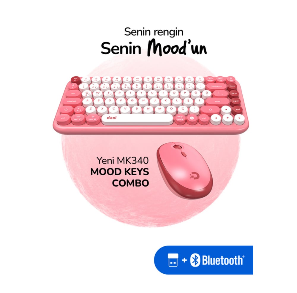 Daxi MK-340 Kablosuz Bluetooth Klavye Coral Pink Retro