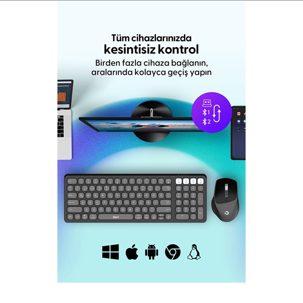 Daxi MK-390 Kablosuz Bluetooth/WiFi Klavye Set Retro Siyah
