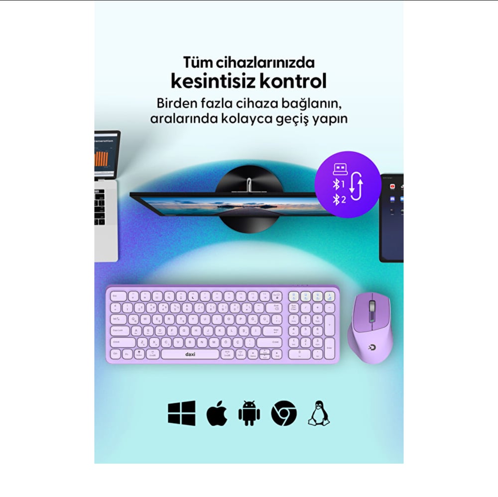 Daxi MK-390 Kablosuz Bluetooth/WiFi Klavye Set Retro Lavanta