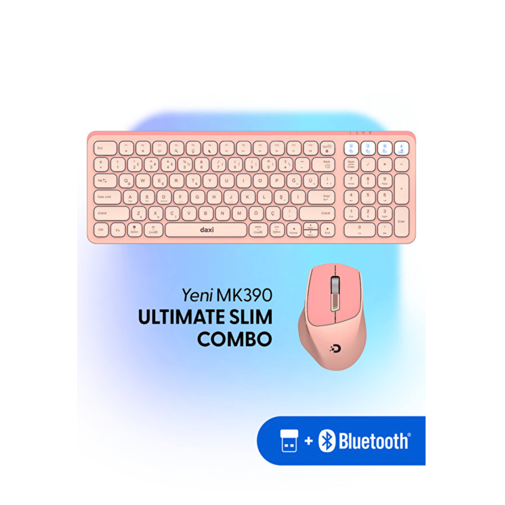 Daxi MK-390 Kablosuz Klavye Set Pembe Retro Tuş Bluetooth/WiFi 3 Cihaz