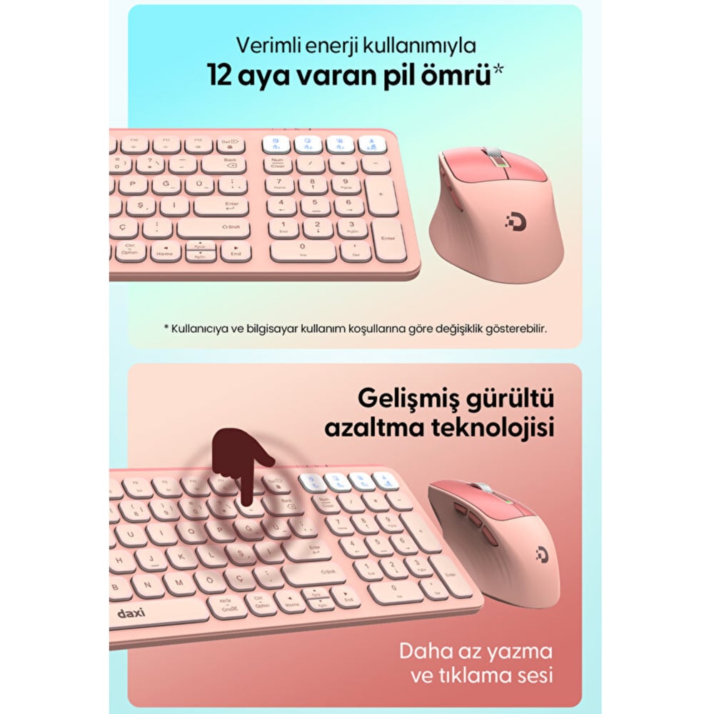 Daxi MK-390 Kablosuz Klavye Set Pembe Retro Tuş Bluetooth/WiFi 3 Cihaz