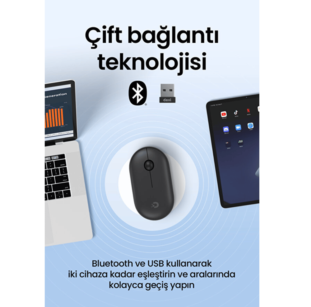 Daxi MX-300 Bluetooth 2.4 GHz Sessiz Kablosuz Mouse Siyah 